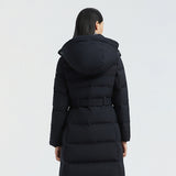 women's long and waist-belted down coat for winter