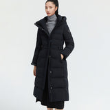 women's long and waist-belted down coat for winter