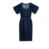 women's slim belted denim long dress