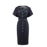 women's slim belted denim long dress