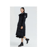 women's long and waist-belted down coat for winter